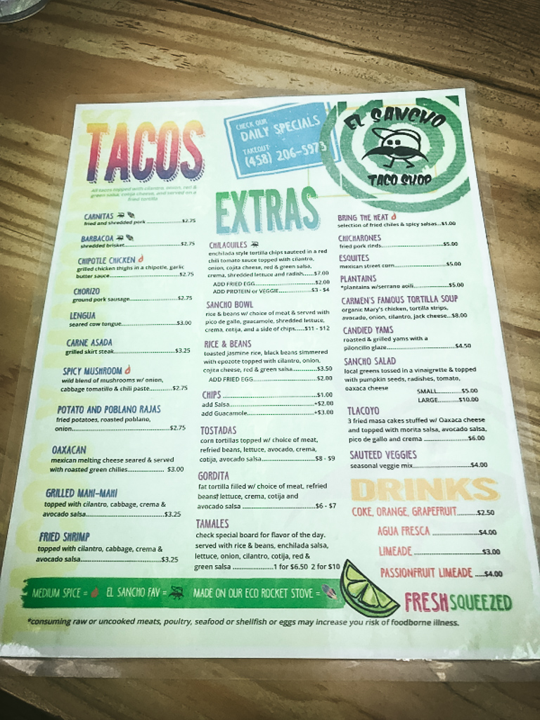 El Sancho Taco Shop menu